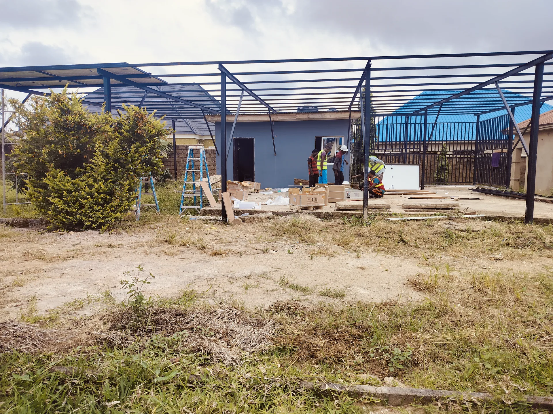 Structural solar carport frame under construction